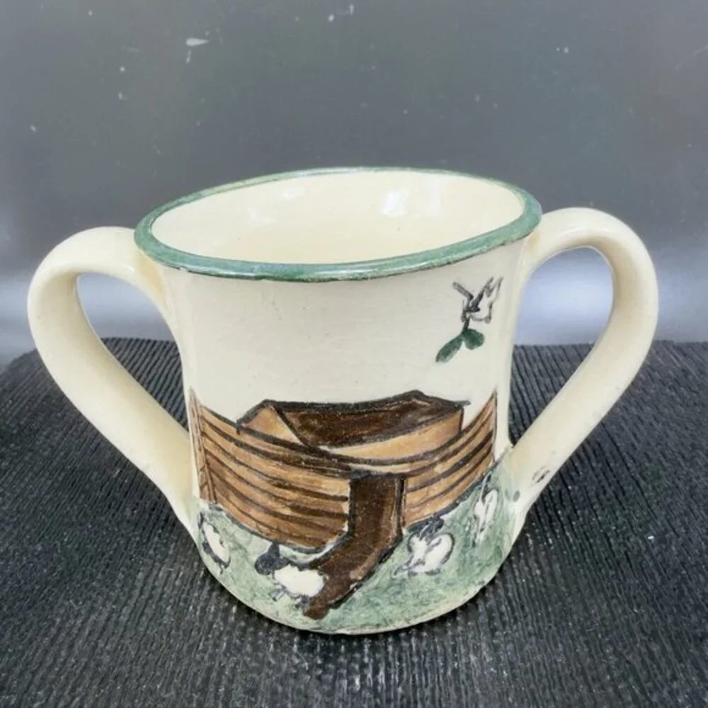 G Miller Signed Handcraft Art Pottery Double Handle Cup Mug Elephant Giraffe VTG